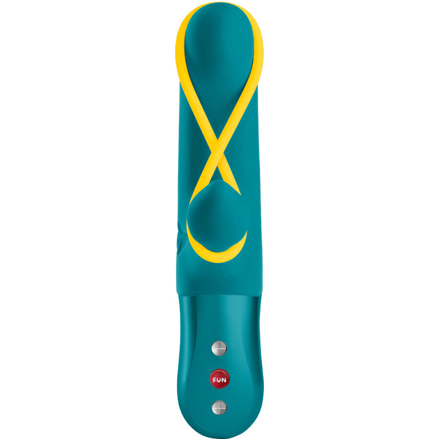 FUN FACTORY AMORINO Rabbit-Vibrator in Petrol und Gelb mit sichtbaren Bedienelementen in der Vorderansicht