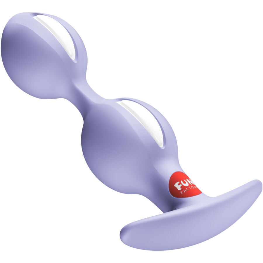FUN FACTORY B BALLS DUO Analplug in Lila mit zwei Innenkugeln und Sicherheitsbasis in schräger Detailansicht