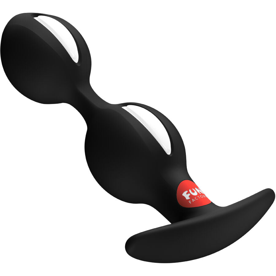 FUN FACTORY B BALLS DUO Analplug in Schwarz mit zwei Innenkugeln und Sicherheitsbasis in schräger Detailansicht