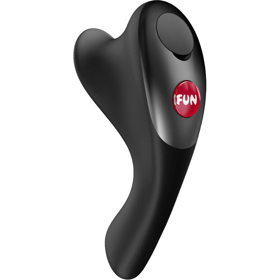 FUN FACTORY BE·ONE Fingervibrator in Schwarz mit ergonomisch geschwungener Form und Bedienelement in schräger Detailansicht