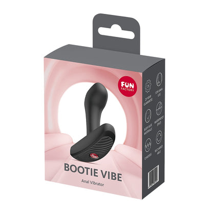 FUN FACTORY BOOTIE VIBE Analvibrator in Schwarz neben der Originalverpackung