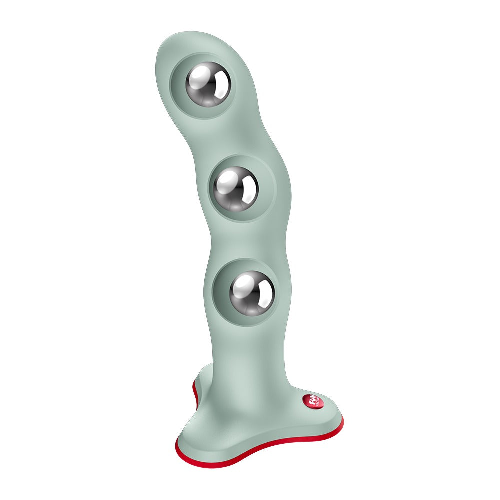 FUN FACTORY BOUNCER Dildo in Mint mit sichtbaren Kugelgewichten und rotem Saugfuß in der Rückansicht