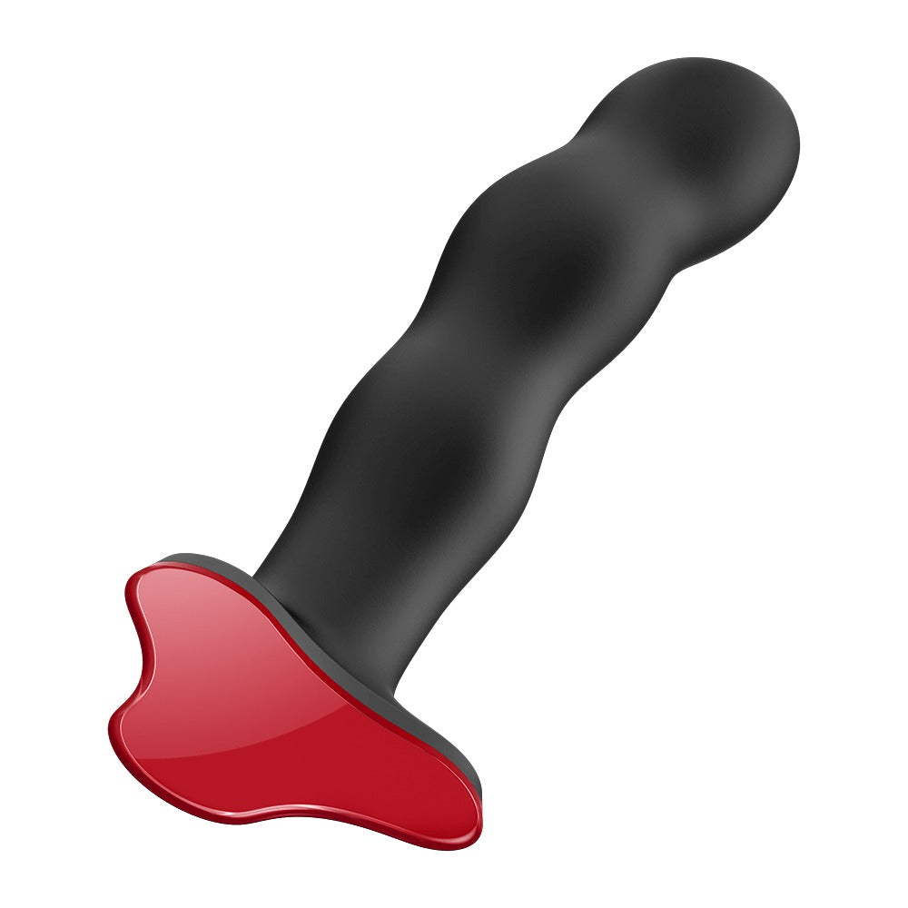 FUN FACTORY BOUNCER Dildo in Schwarz mit geschwungener Form und rotem Saugfuß in der Seitenansicht