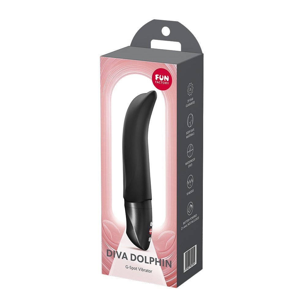 FUN FACTORY DIVA DOLPHIN Vibrator in Schwarz neben der Originalverpackung