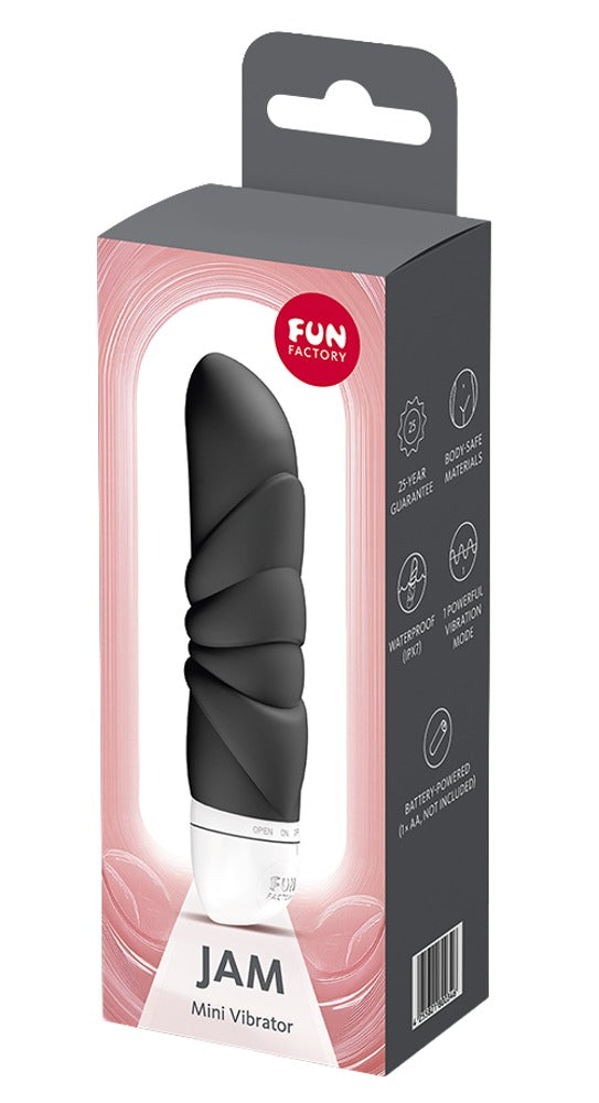 FUN FACTORY JAM Mini-Vibrator in Schwarz neben der Originalverpackung