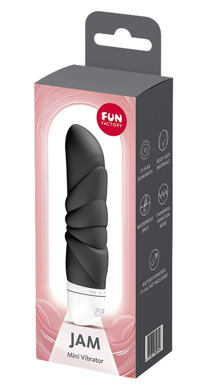 FUN FACTORY JAM Mini-Vibrator in Schwarz neben der Originalverpackung