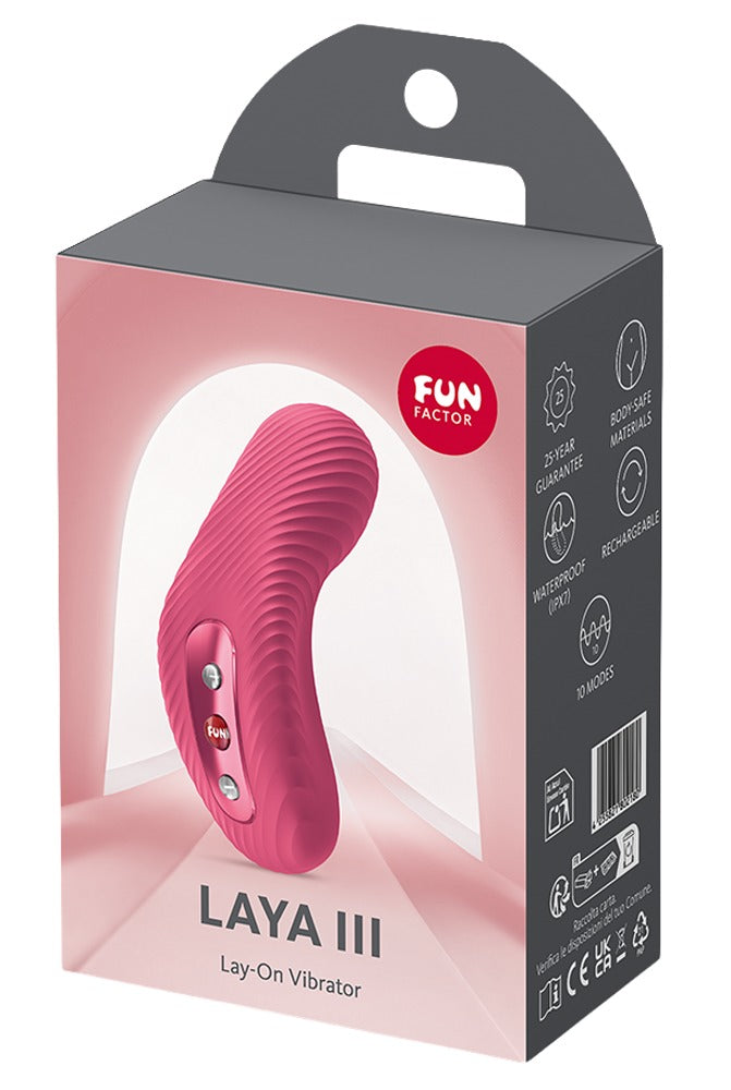 FUN FACTORY LAYA III Auflegevibrator in Pink neben der Originalverpackung