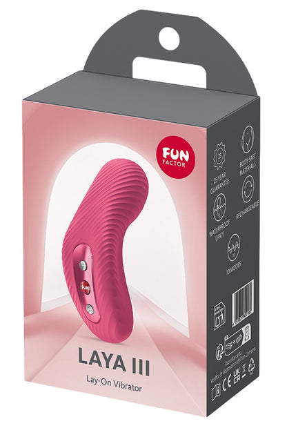 FUN FACTORY LAYA III Auflegevibrator in Pink neben der Originalverpackung