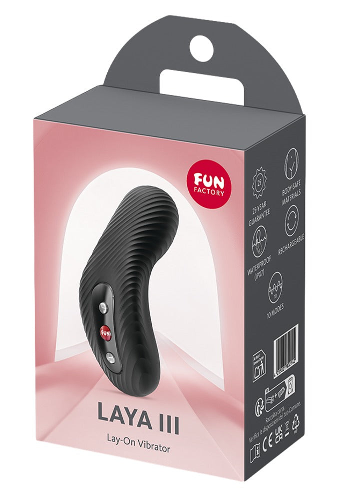 FUN FACTORY LAYA III Auflegevibrator in Schwarz neben der Originalverpackung
