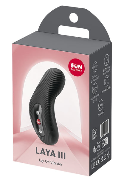FUN FACTORY LAYA III Auflegevibrator in Schwarz neben der Originalverpackung