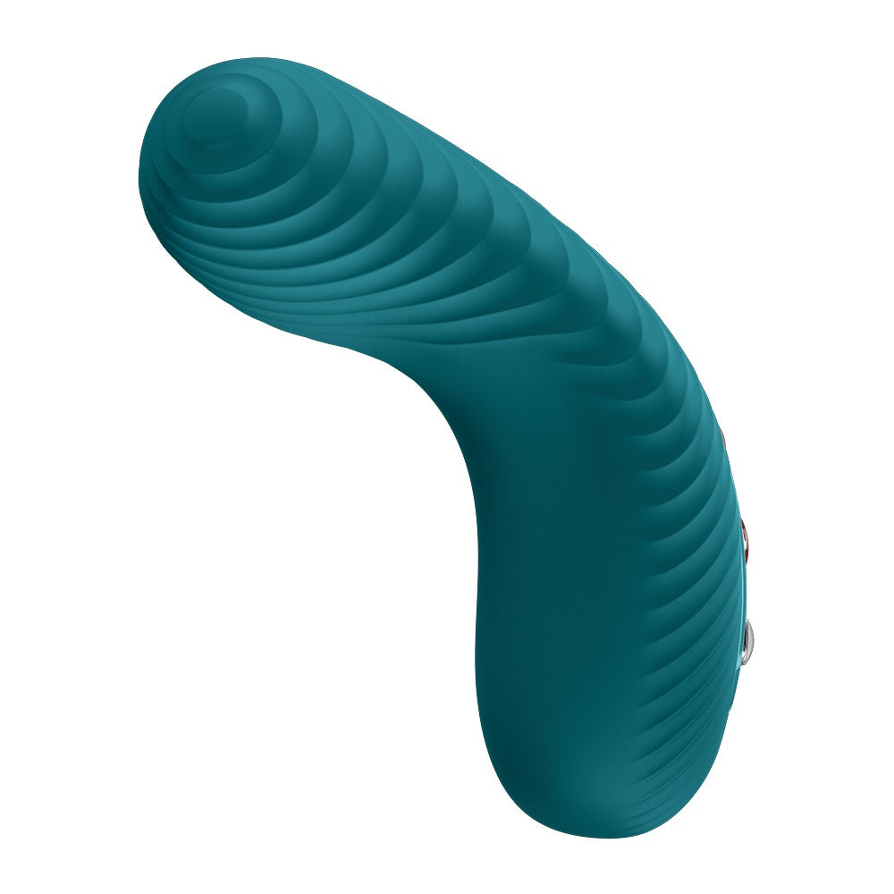 FUN FACTORY LAYA III Auflegevibrator in Türkis mit geschwungener Form in der Seitenansicht