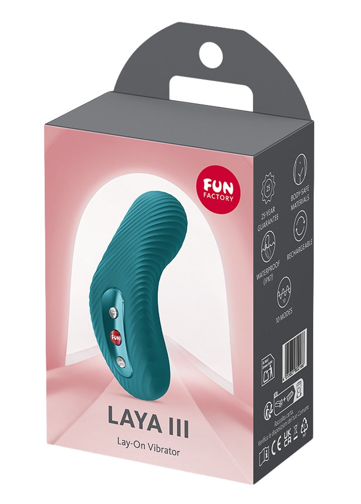 FUN FACTORY LAYA III Auflegevibrator in Türkis neben der Originalverpackung