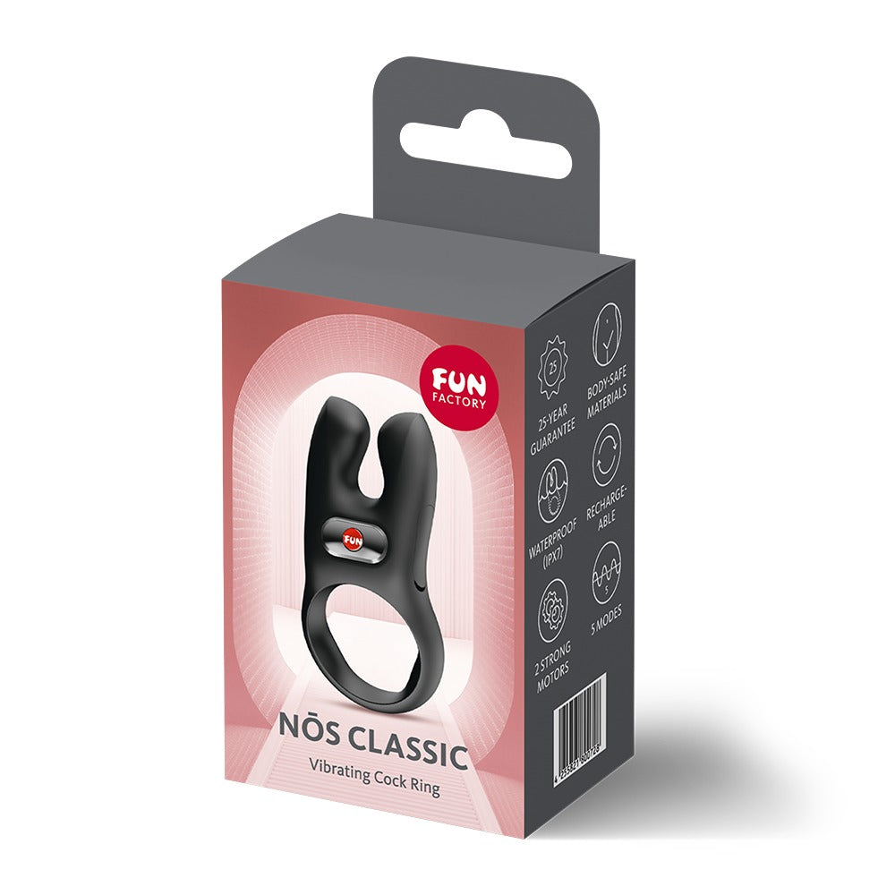 FUN FACTORY NŌS CLASSIC Vibro-Penisring in Schwarz neben der Originalverpackung