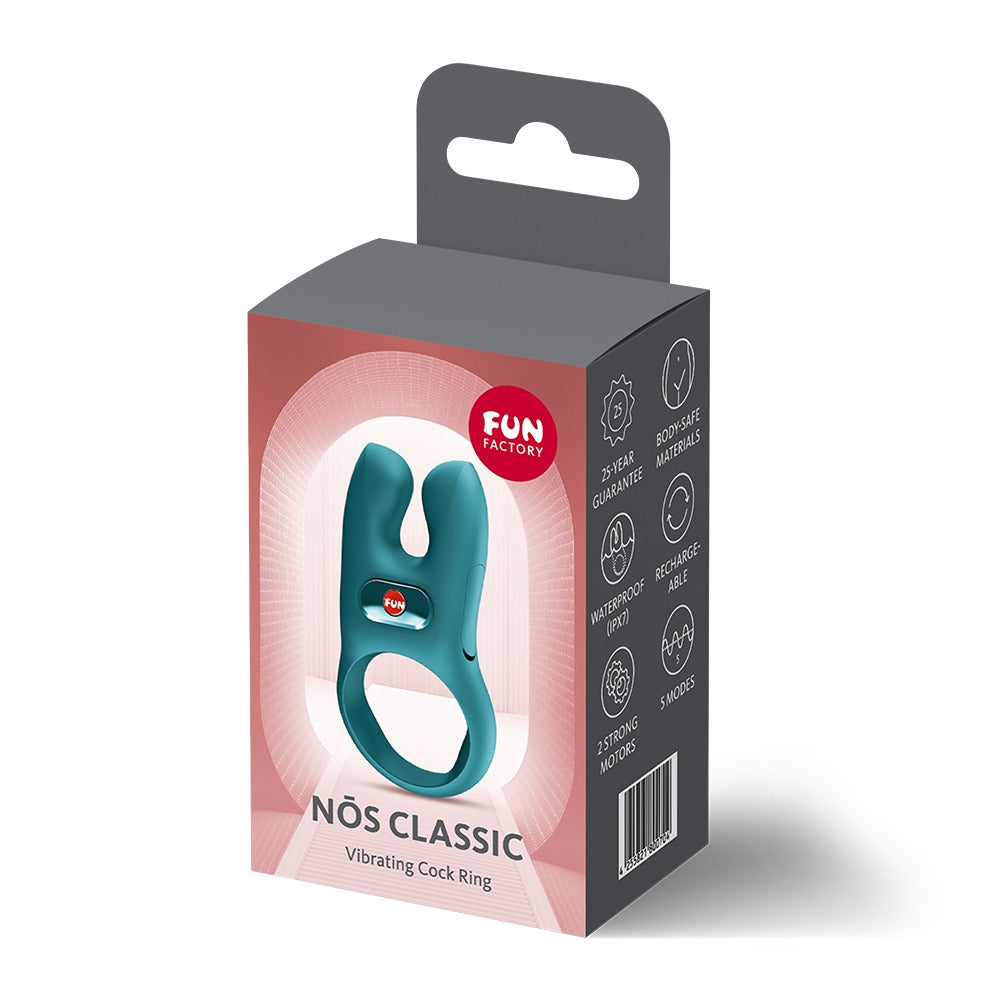 FUN FACTORY NŌS CLASSIC Vibro-Penisring in Türkis neben der Originalverpackung