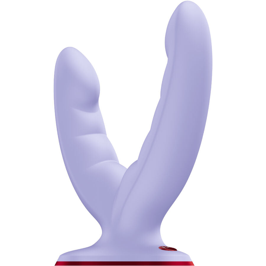 FUN FACTORY RYDE Grinding Doppeldildo in Lila mit zwei unterschiedlich geformten Stimulationsarmen und Saugfuß