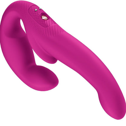 FUN FACTORY SHARE VIBE PRO vibrierender Doppeldildo in Pink mit geschwungener Form in der Seitenansicht
