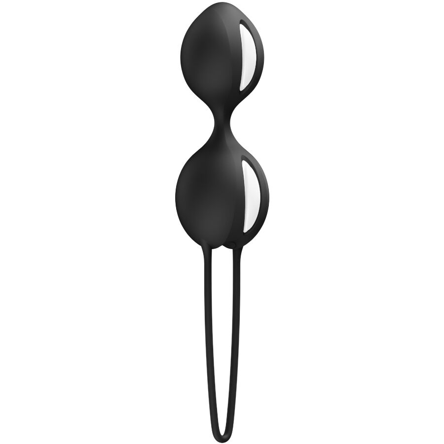 FUN FACTORY SMARTBALLS DUO Beckenbodentrainer in Schwarz mit zwei Kugeln und Rückholschlaufe in der Vorderansicht