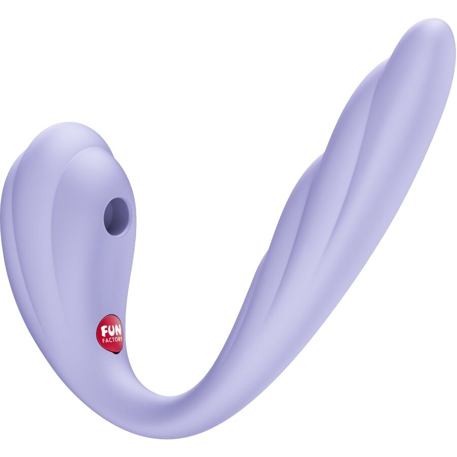 FUN FACTORY STRONIC PULSE VIVACE in Lila – Seitenansicht mit stark geschwungener Form, G-Punkt-Stimulator und zusätzlichem Klitorisstimulator