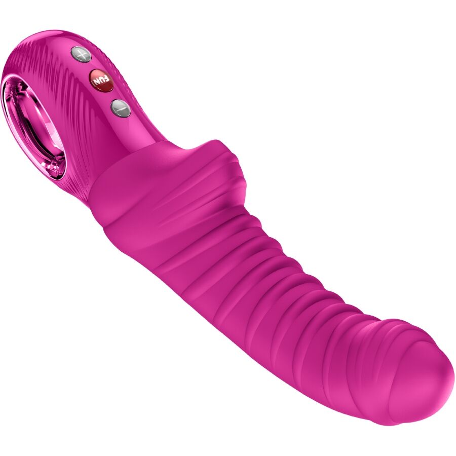 FUN FACTORY TIGER G-Spot Vibrator in Magenta – schräge Produktansicht mit strukturierter Oberfläche, gebogenem Schaft und Bedienelementen am Griff