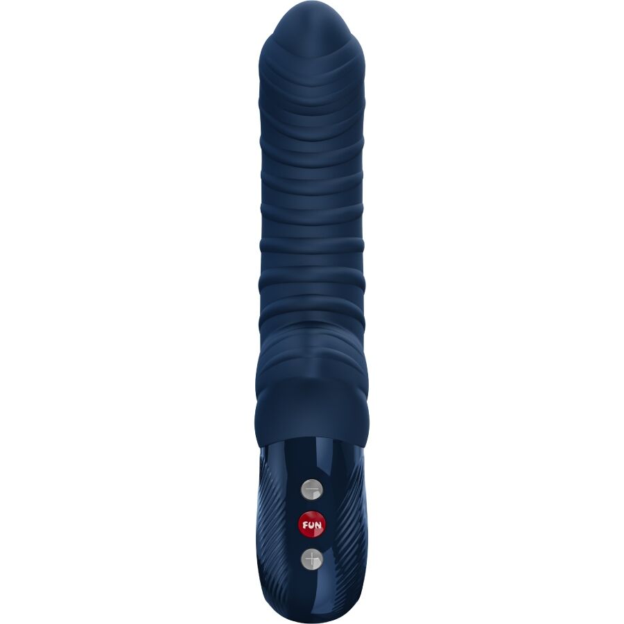 FUN FACTORY TIGER G-Spot Vibrator in Nachtblau – große Produktansicht mit geripptem Schaft, ausgeprägter Spitze und integrierten Bedienelementen