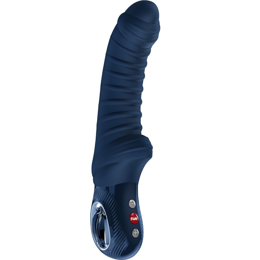 FUN FACTORY TIGER G-Spot Vibrator in Nachtblau – Seitenansicht mit geschwungenem, geripptem Schaft und sichtbaren Bedienelementen