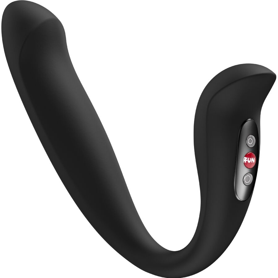 FUN FACTORY VELOCE Dual-Stimulator in Schwarz – große Produktansicht mit stark geschwungener Form, zwei Stimulationsbereichen und integrierten Bedienelementen