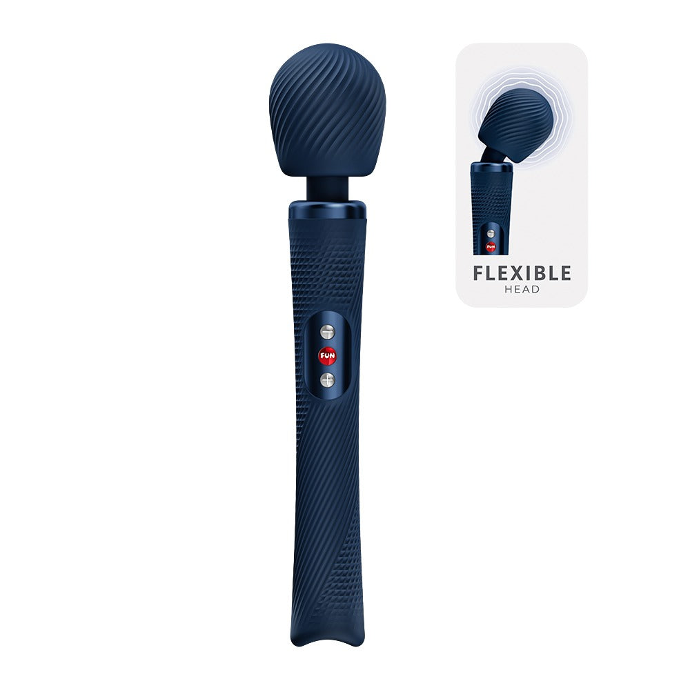 FUN FACTORY VIM Premium Wand-Massager in Dunkelblau mit flexiblem Massagekopf in der Gesamtansicht