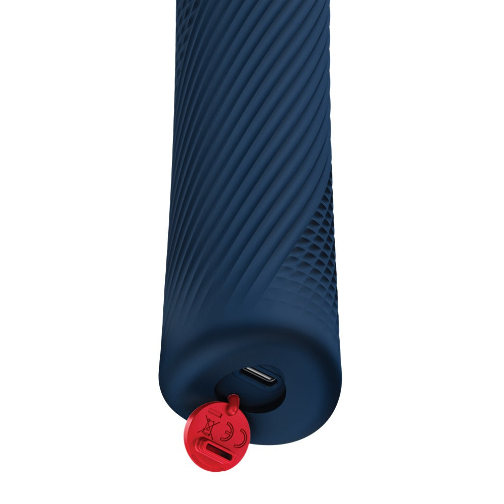 FUN FACTORY VIM Premium Wand-Massager in Dunkelblau mit Detailansicht des Griffendes
