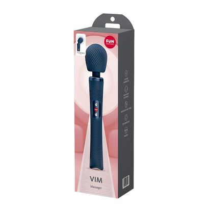 FUN FACTORY VIM Premium Wand-Massager in Dunkelblau neben der Originalverpackung
