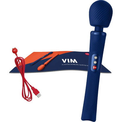 FUN FACTORY VIM Wand-Massager in Mitternachtsblau – Darstellung des Wand-Massagers mit Aufbewahrungsband am Griff