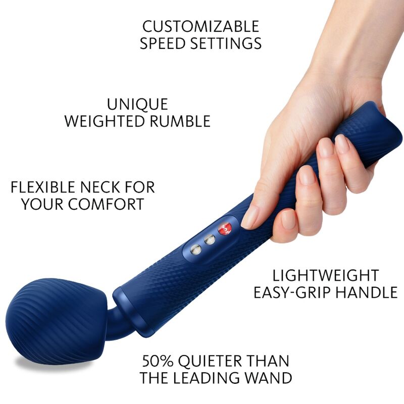 FUN FACTORY VIM Wand-Massager in Mitternachtsblau – Informationsgrafik mit Größenvergleich und Hinweisen zur Positionierung des Massagekopfes