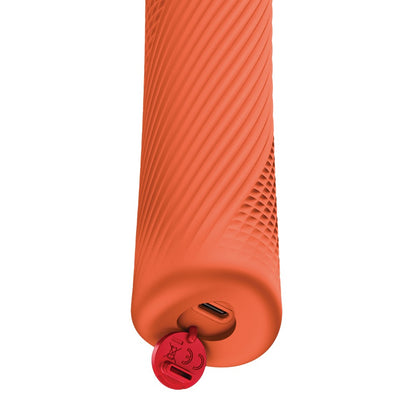 FUN FACTORY VIM Premium Wand-Massager in Orange mit Detailansicht des Griffendes