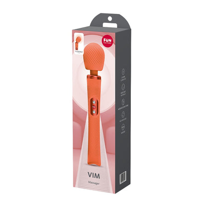 FUN FACTORY VIM Premium Wand-Massager in Orange neben der Originalverpackung