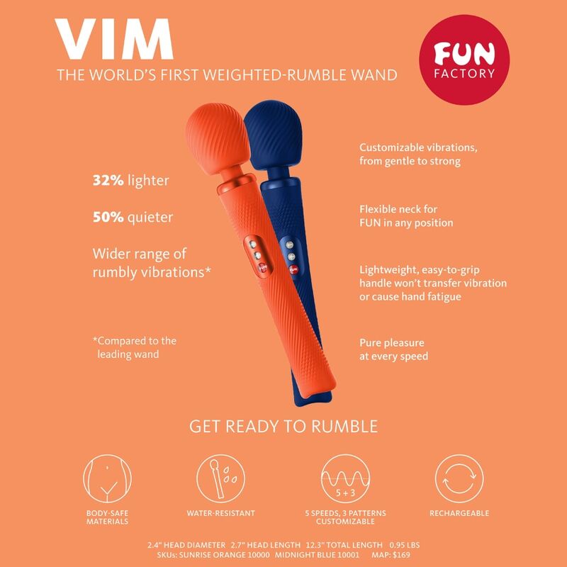 FUN FACTORY VIM Wand-Massager mit Weighted Rumble – orange Informationsgrafik mit Produkteigenschaften und Funktionsübersicht