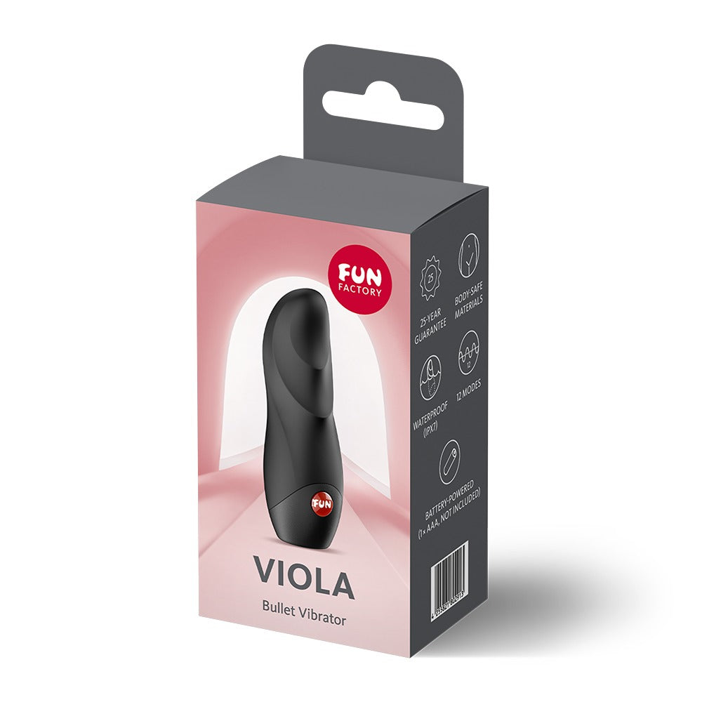 FUN FACTORY VIOLA Mini-Vibrator in Schwarz neben der Originalverpackung