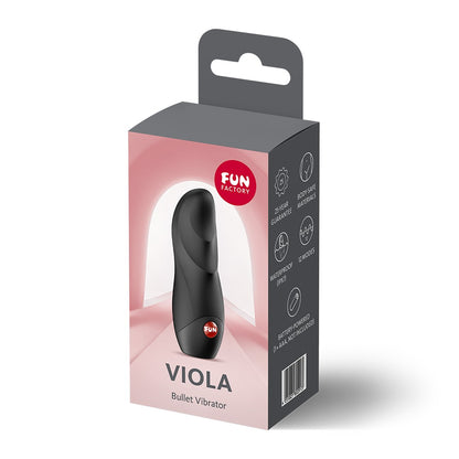 FUN FACTORY VIOLA Mini-Vibrator in Schwarz neben der Originalverpackung