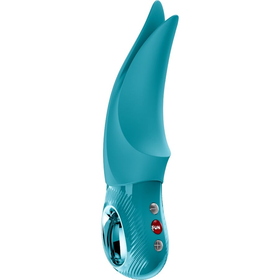 Fun Factory Volta Auflege-Vibrator in Aquamarin – Frontansicht mit geteilter Stimulationsspitze und Bedienelementen am Griff