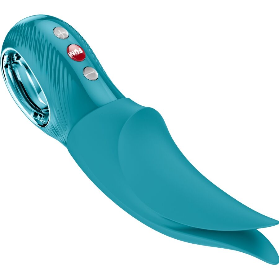 Fun Factory Volta Auflege-Vibrator in Aquamarin – schräge Seitenansicht mit geschwungener Form, flexibler Spitze und sichtbaren Bedienelementen