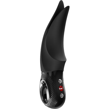 Fun Factory Volta Auflege-Vibrator in Schwarz – Frontansicht mit geteilter Stimulationsspitze und Bedienelementen am Griff