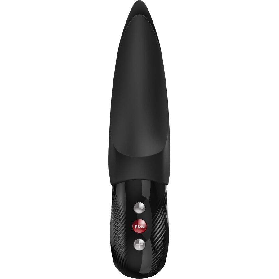 Fun Factory Volta Auflege-Vibrator in Schwarz – große Produktansicht mit schlankem Gehäuse, geteilter flexibler Spitze und Bedienelementen am Griff