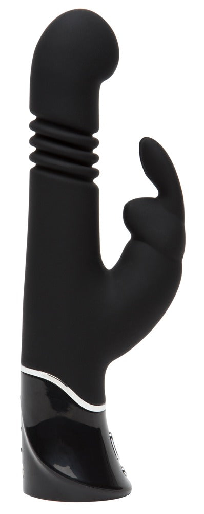 Seitenansicht des schwarzen Rabbitvibrators mit ergonomischer Form und strukturierter Oberfläche