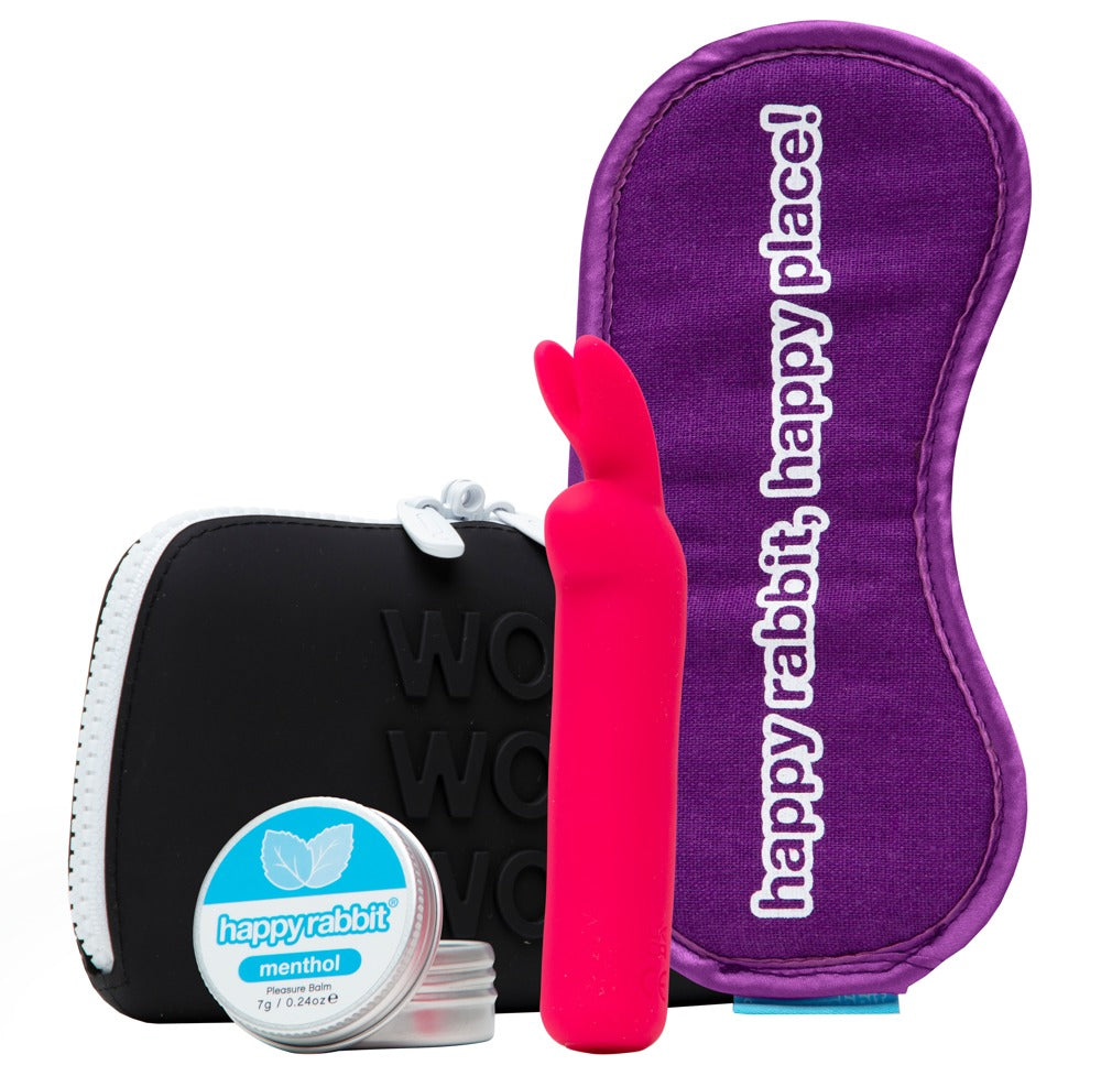 Happy Rabbit Clitoral Pleasure Kit in Hauptansicht mit Rabbit-Ears Bullet-Vibrator, Augenmaske, stimulierendem Gel und Aufbewahrungsbeutel