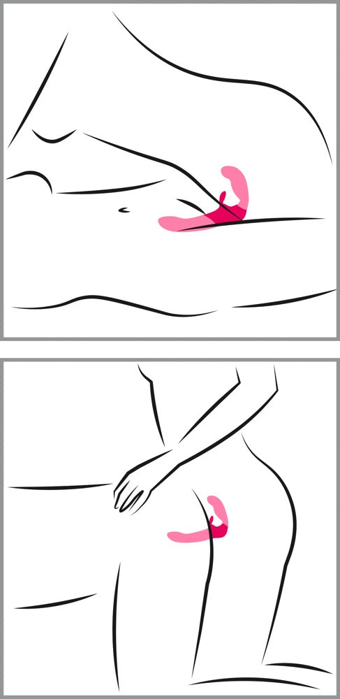 Happy Rabbit Strapless Strap-On in schematischer Anwendungsdarstellung mit internem Trägerteil, Penetrationsschaft und Klitorisreizer