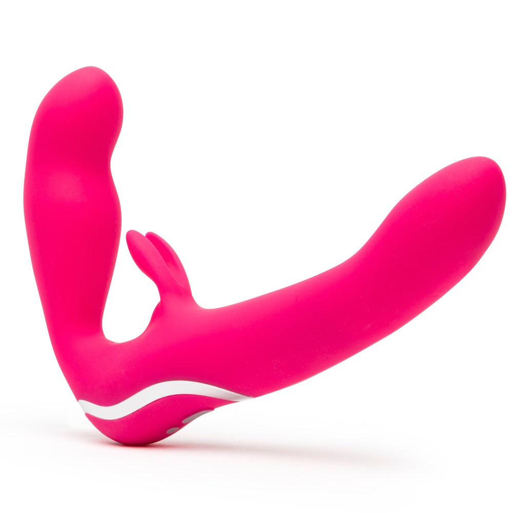 Happy Rabbit Strapless Strap-On in Pink in Hauptansicht mit langem Penetrationsschaft, internem Trägerteil und flexiblem Bunny-Klitorisreizer