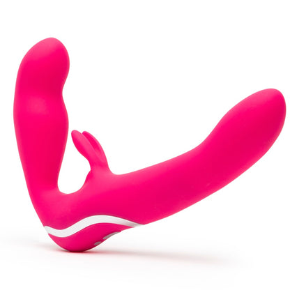 Happy Rabbit Strapless Strap-On in Pink in Hauptansicht mit langem Penetrationsschaft, internem Trägerteil und flexiblem Bunny-Klitorisreizer
