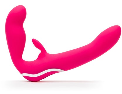 Happy Rabbit Strapless Strap-On in schräger Perspektivansicht mit gebogenem Doppelvibrator-Design und Bunny-Reizer