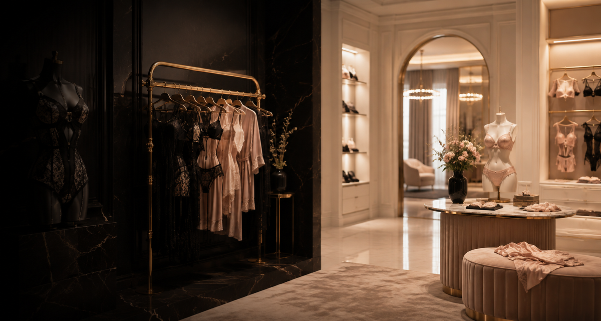Luxuriöse Boutique mit exklusiver Dessous- und Fashion-Präsentation in warmer Goldbeleuchtung als Hero-Bild für die Evoria Care Welt Dessous & Fashion.