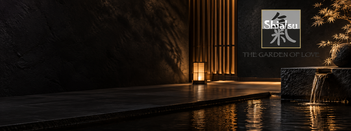 HOT Shiatsu Markenwelt mit dunklem Stein, warm beleuchtetem Wasser und eleganter japanisch inspirierter Wellness-Atmosphäre