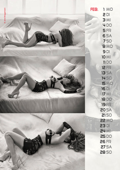 Hot Stuff Kalender 2027 DIN A4 – Schwarz-Weiß-Kalendermotiv mit weiblichem Model in liegender Pose