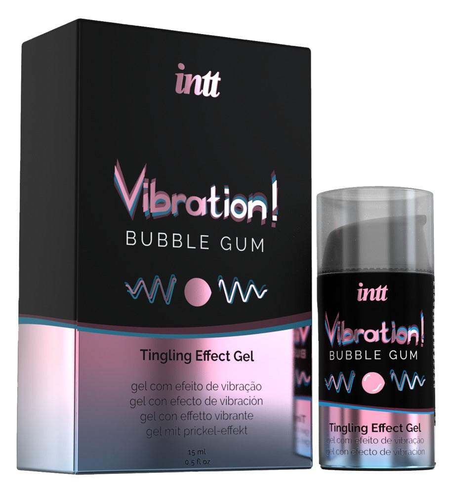intt Liquid Vibration Bubble Gum Stimulationsgel mit Verpackung und Flasche für verspielte intime Wellness Momente